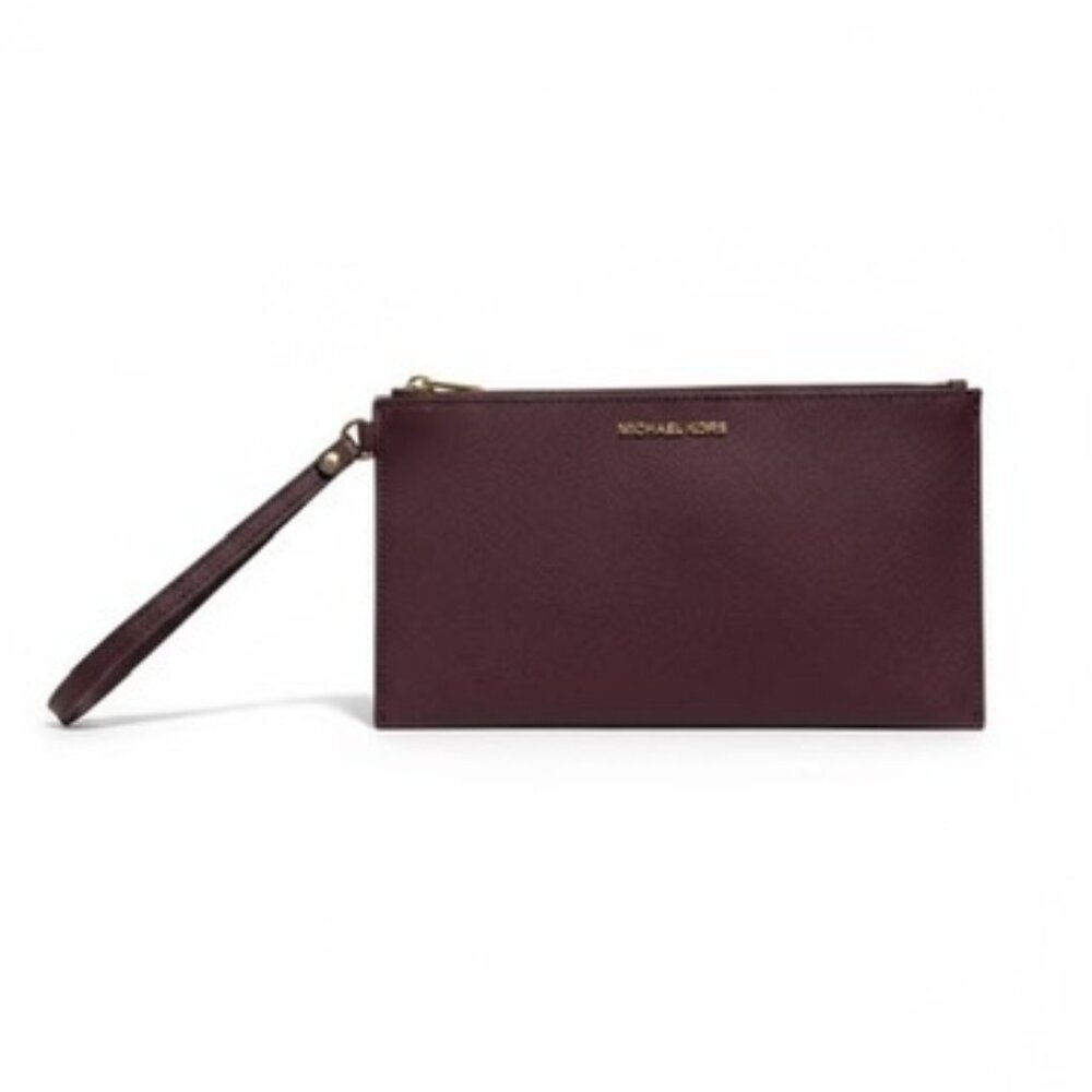 Michael Kors Saffiano Leather Wristlet Clutch Burgundy Gold Zip Wallet Like New